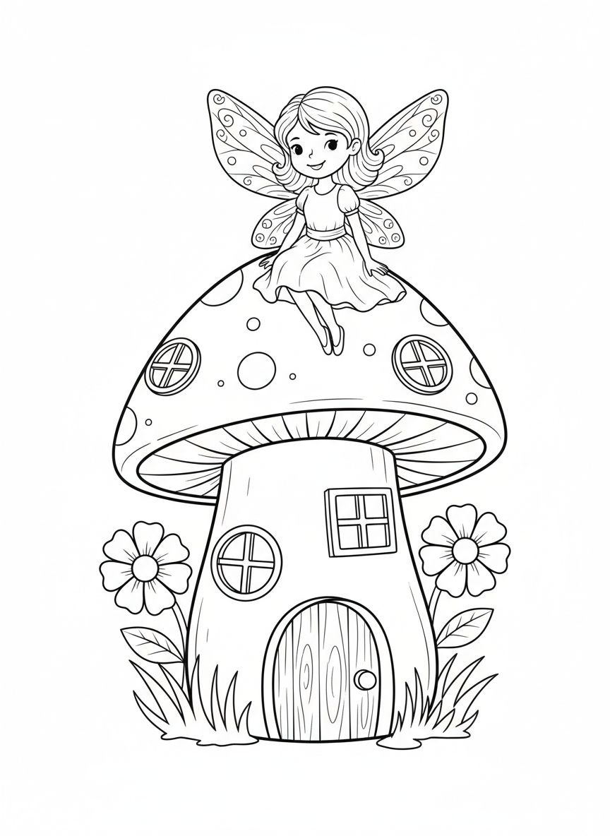 Sweet Fairy on Mushroom House Coloring Page for Kids - Fairy Coloring Page featuring Nature and Children - Free Printable Outline Drawing for Kids