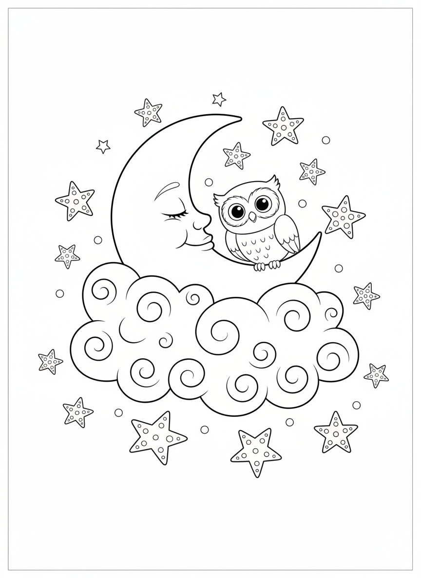 Sweet Sleeping Moon and Owl Coloring Page - Space & Planet Coloring Page featuring Children and Cute - Free Printable Outline Drawing for Kids