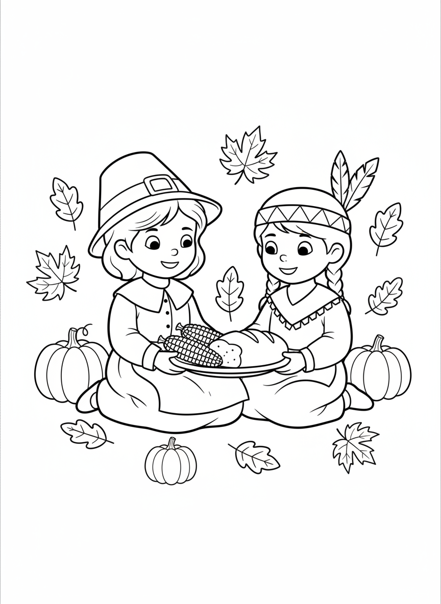 Thanksgiving Friendship: Pilgrim & Native American Children Sharing Meal - Thanksgiving Coloring Page featuring Friendship and Children - Free Printable Outline Drawing for Kids