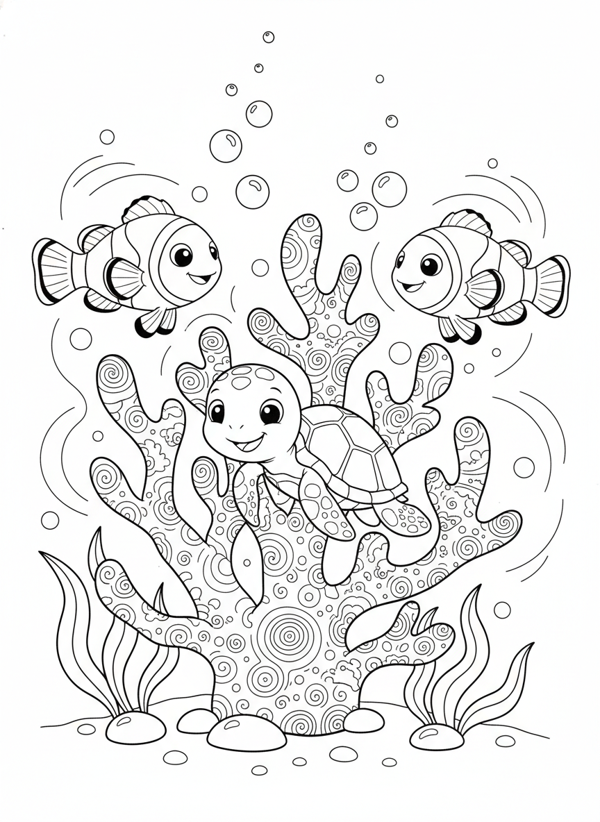 Underwater Fun: Clownfish & Sea Turtle Coloring Page for Kids - Ocean Animal Coloring Page featuring Ocean and Children - Free Printable Outline Drawing for Kids