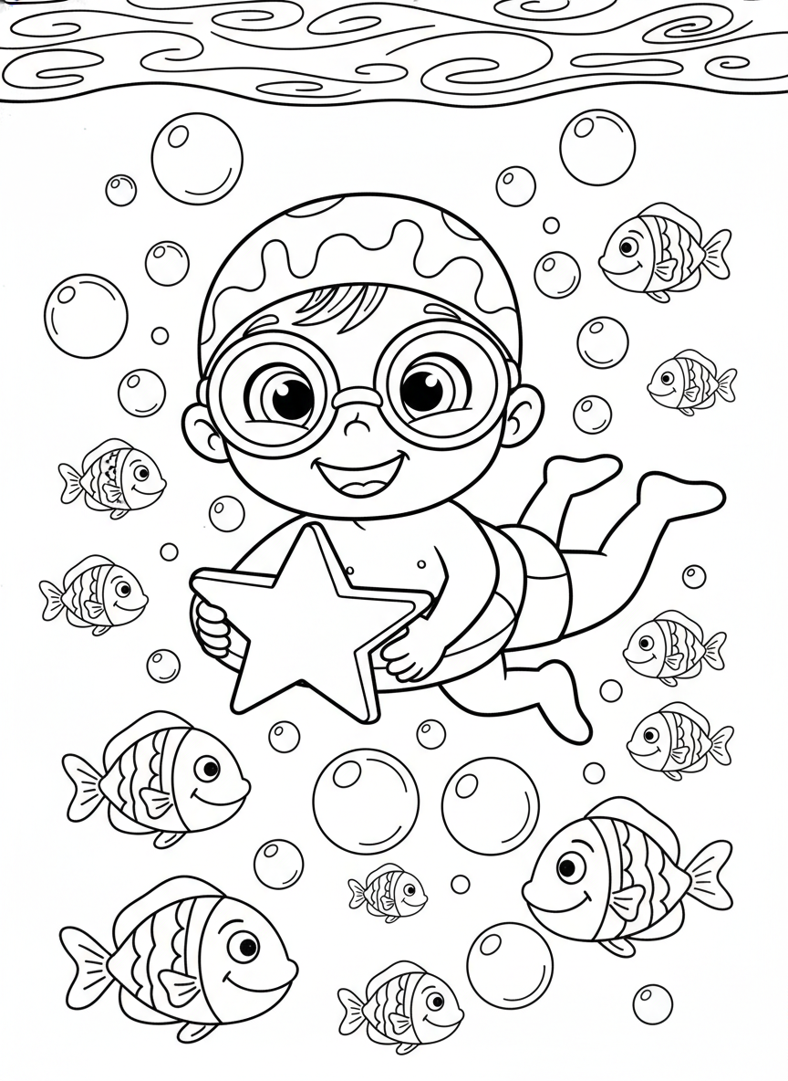 水中冒険！楽しい子供向け塗り絵 - 遊ぶ子供たち ぬりえページ かわいいと水中 - 無料印刷可能な輪郭画