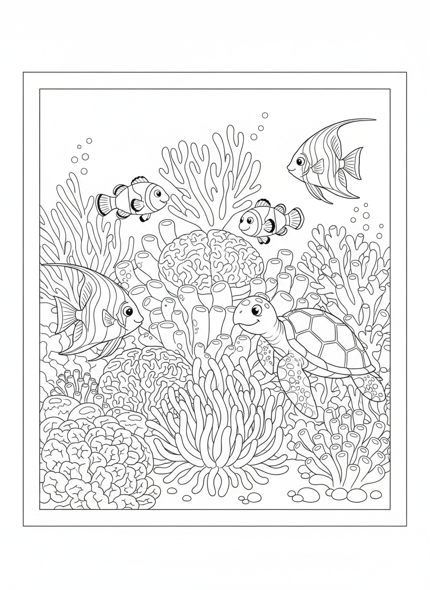 Underwater Fun: Coral Reef Adventure with Friendly Fish & Sea Turtle - Ocean Animal Coloring Page featuring Ocean and Children - Free Printable Outline Drawing for Kids