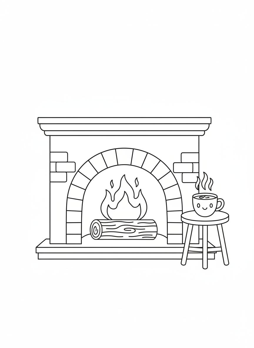 Warm Fireplace Hot Cocoa Coloring Page - Winter Coloring Page featuring Snow and Seasonal - Free Printable Outline Drawing for Kids