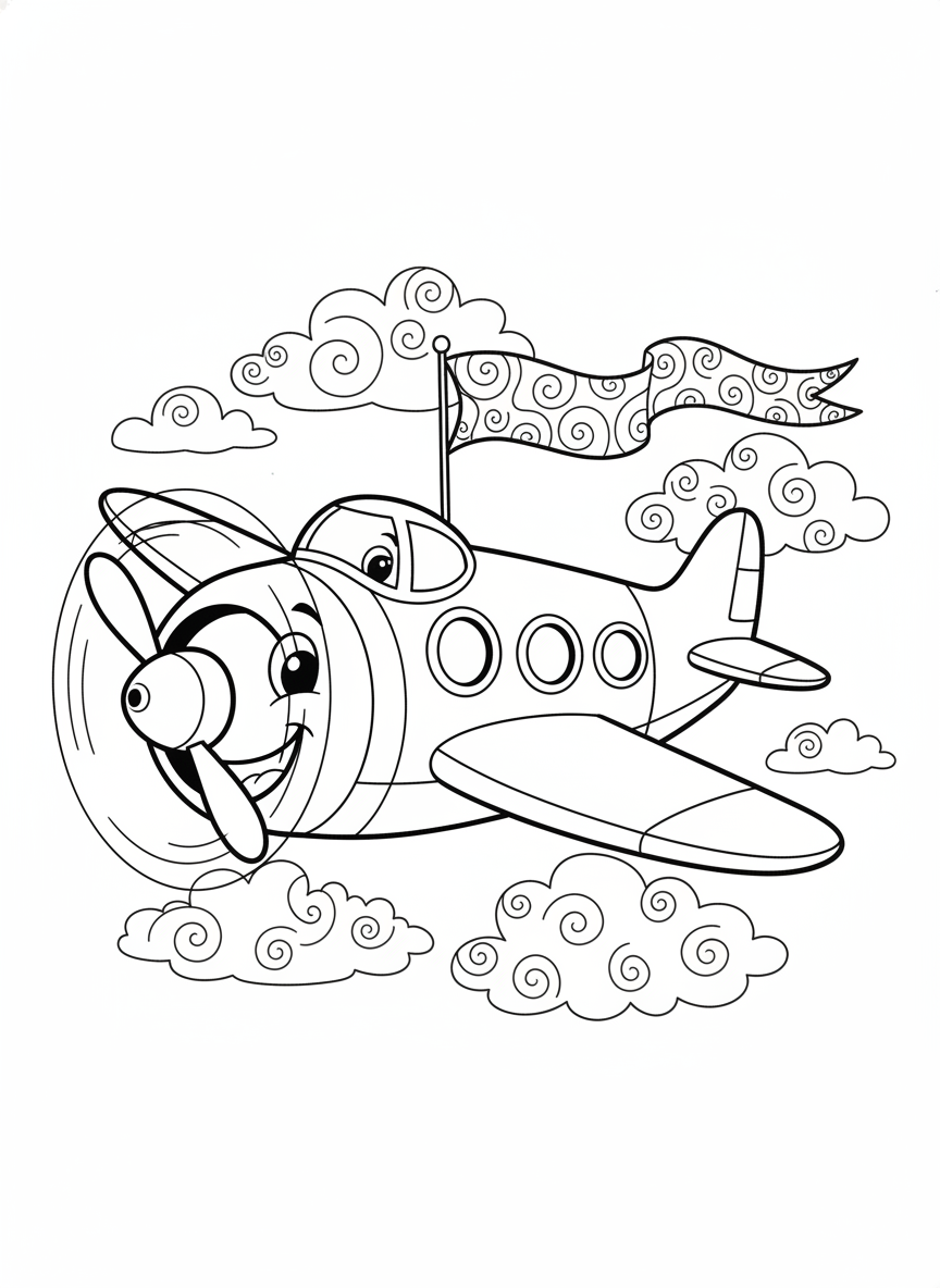Whimsical Airplane Adventure: A Cheerful Sky Coloring Page for Kids - Airplane Coloring Page featuring Airplane and Adventure - Free Printable Outline Drawing for Kids