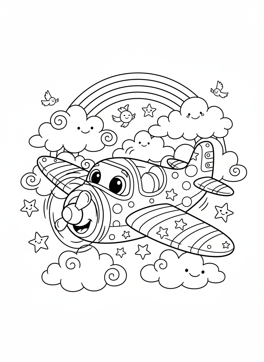 Página de Colorir de Aventura de Avião Divertido para Crianças - Avião Desenho para Colorir com Fácil de Colorir e Crianças - Desenho de Contorno Grátis Imprimível