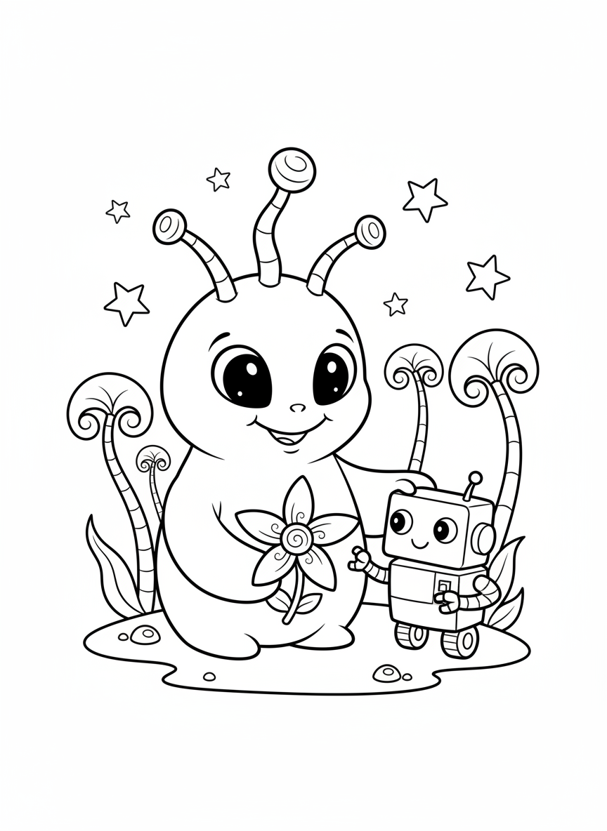 Whimsical Alien & Robot Friends: A Space Adventure Coloring Page - Space Character Coloring Page featuring Robot and Whimsical Art - Free Printable Outline Drawing for Kids