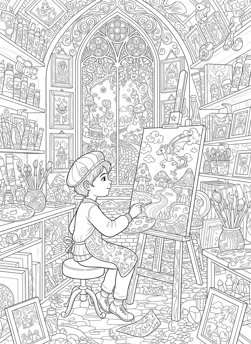 Whimsical Art Studio: Young Artist Painting Magical Landscape - Art Supplies Coloring Page featuring Children and Fantasy - Free Printable Outline Drawing for Kids