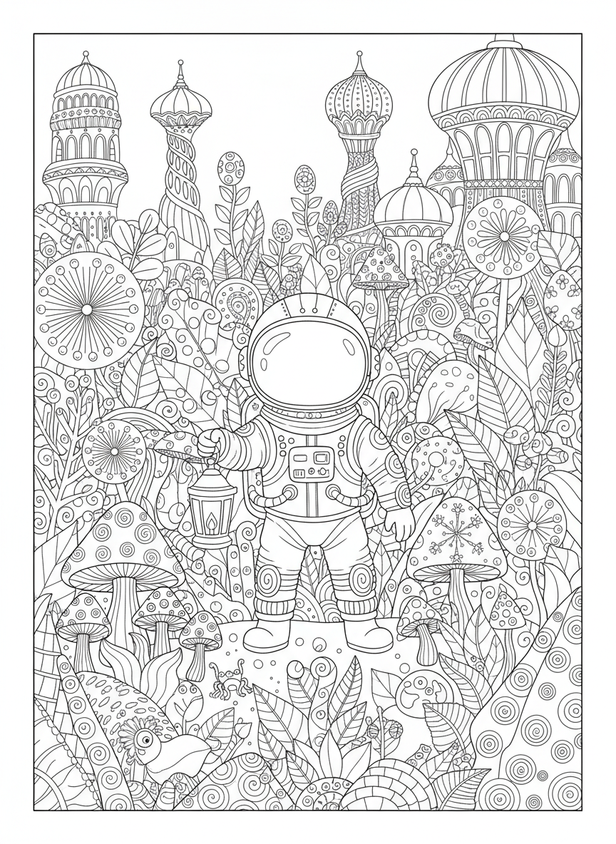 Whimsical Astronaut's Alien Jungle Adventure Coloring Page for Kids - Space Character Coloring Page featuring Detailed and Alien World - Free Printable Outline Drawing for Kids
