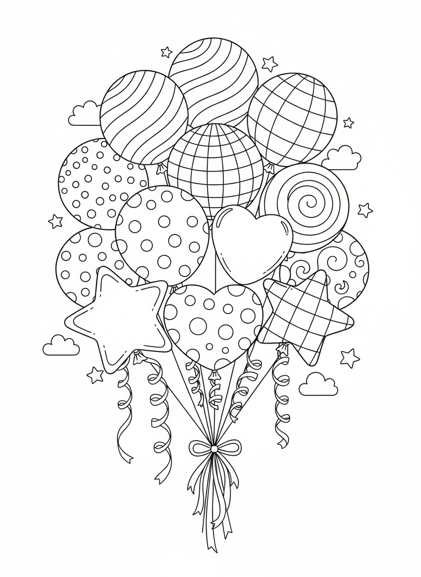 Whimsical Balloons & Stars Coloring Page for Kids - Festival Celebration Coloring Page featuring Cute and Children - Free Printable Outline Drawing for Kids