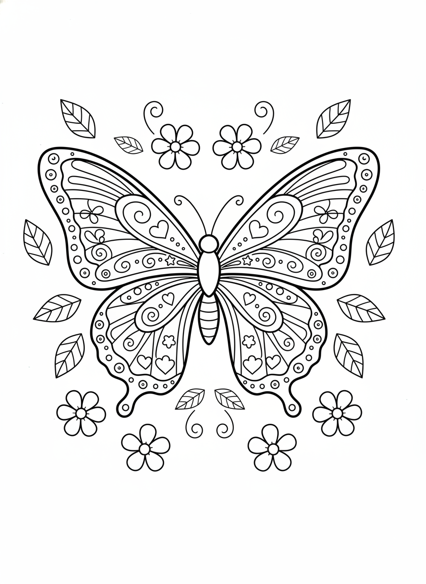 子供向け 幻想的な蝶と花のぬり絵 - 蝶 ぬりえページ 蝶と対称的な模様 - 無料印刷可能な輪郭画