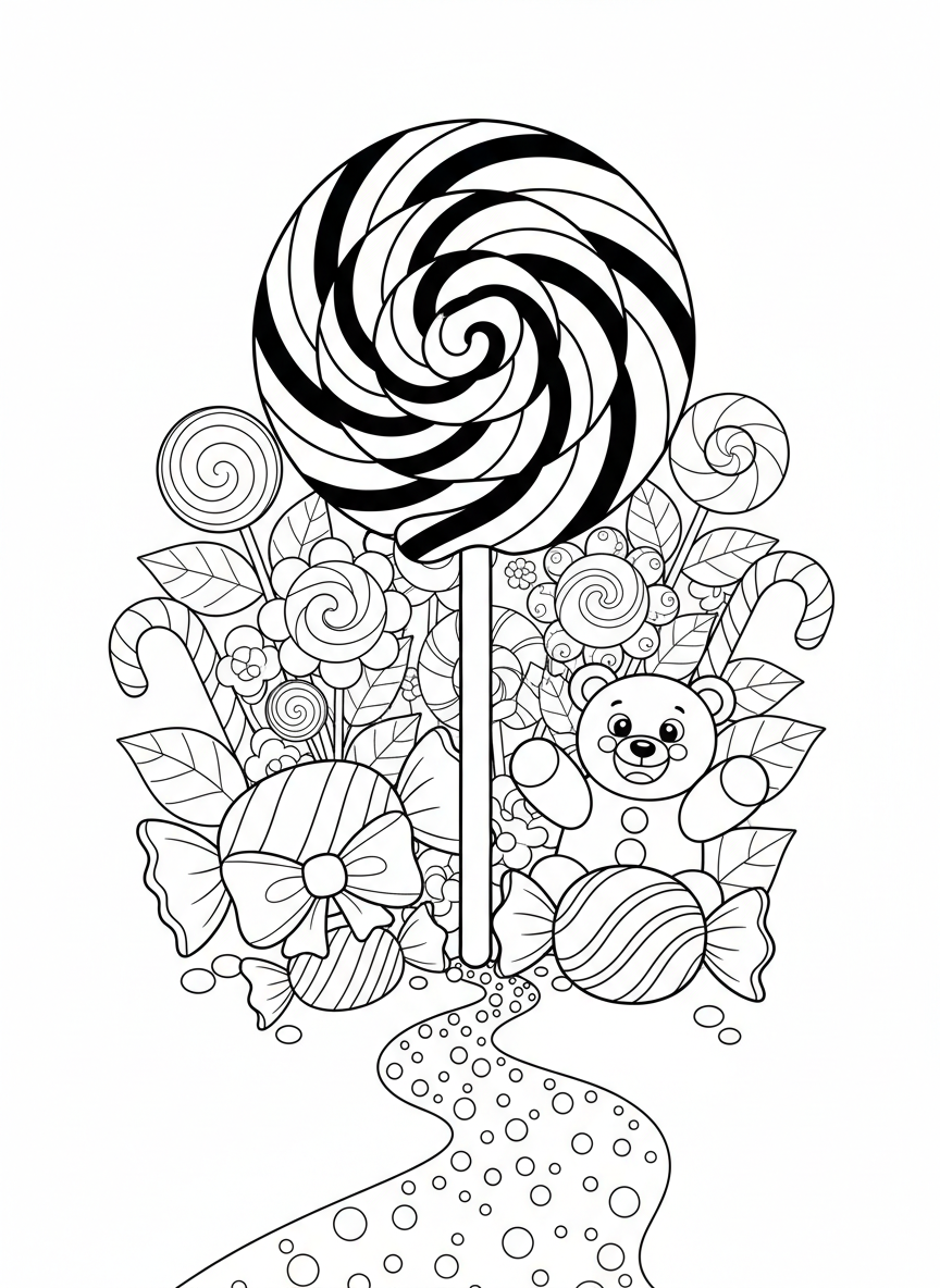 Whimsical Candy Garden: A Sweet Coloring Adventure for Kids - Candy Garden Coloring Page featuring Easy and Children - Free Printable Outline Drawing for Kids