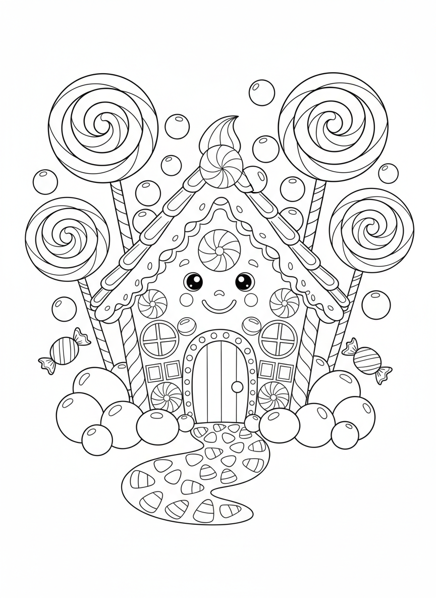 楽しいお菓子の家ぬりえ - お菓子の庭 ぬりえページ 子供とかわいい - 無料印刷可能な輪郭画