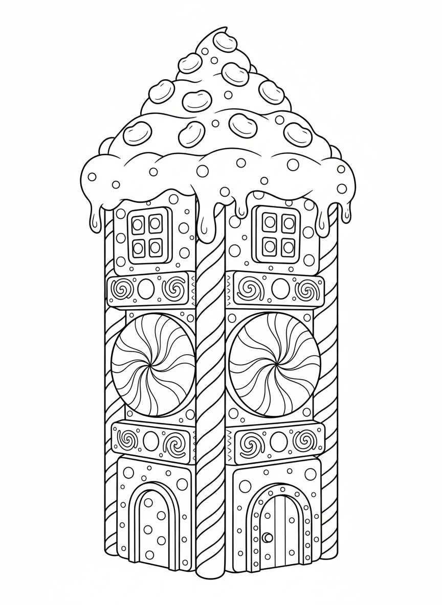 Page de Coloriage Fantaisiste de Tour de Bonbons pour Enfants - Jardin de Bonbons Coloriage avec Enfants et Bonbons - Dessin au Trait Gratuit Imprimable