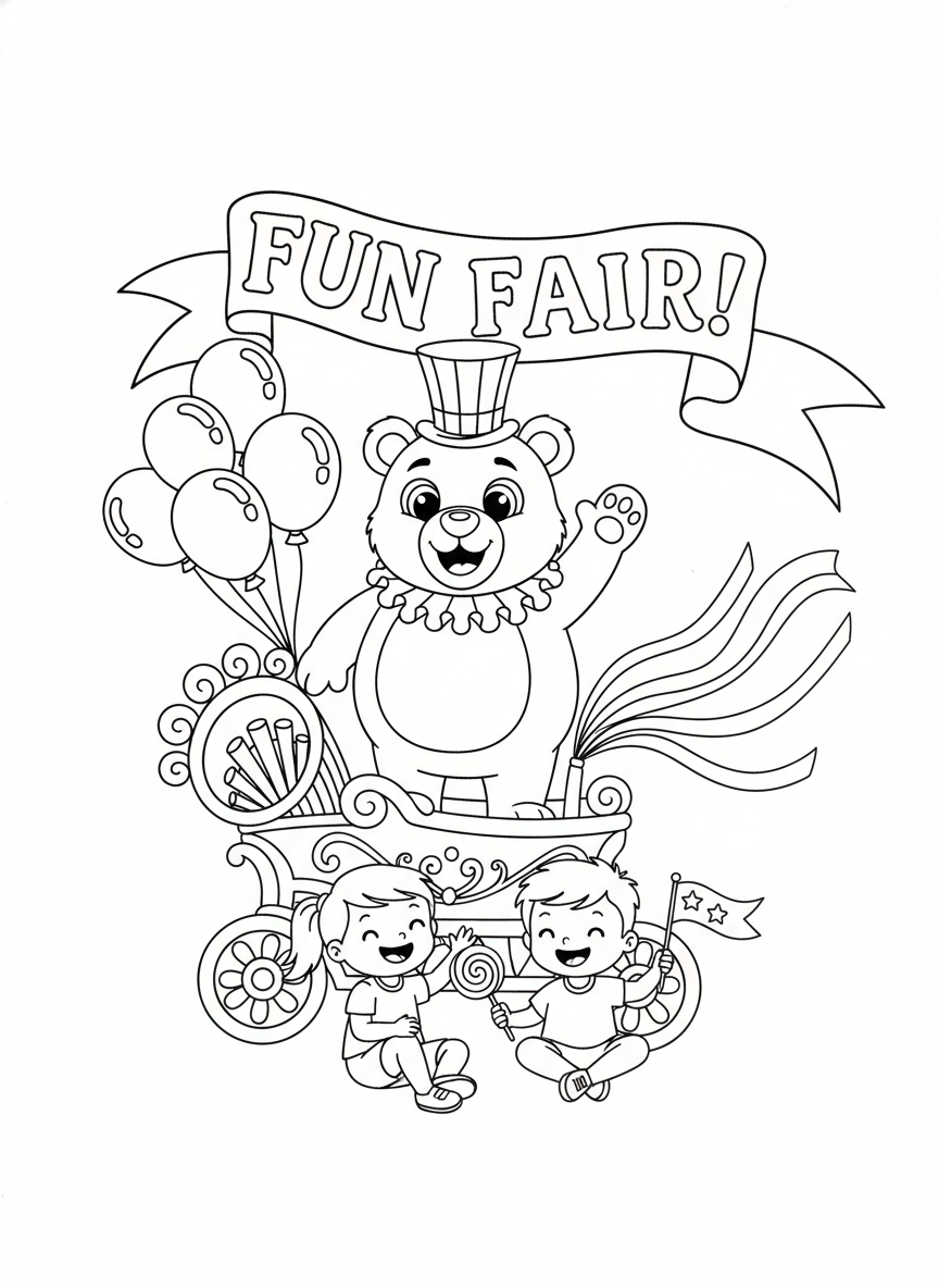 Whimsical Carnival Parade with Bear Mascot and Cheerful Children - Festival Celebration Coloring Page featuring Festive and Children - Free Printable Outline Drawing for Kids