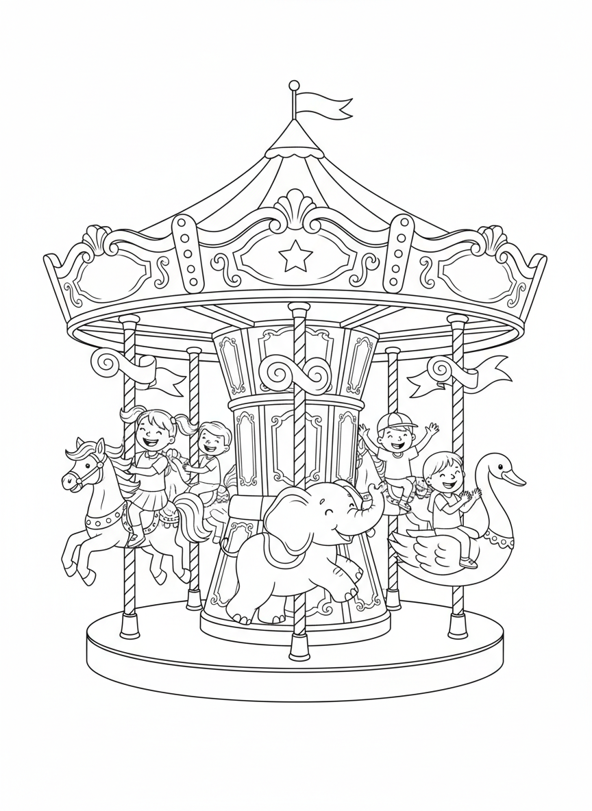 Página de Colorir de Carrossel Encantador para Crianças - Carrossel Desenho para Colorir com Crianças e Fofo - Desenho de Contorno Grátis Imprimível