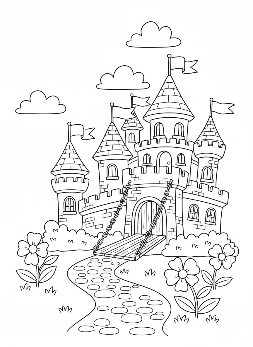 Château de Dessin Animé Fantaisiste à Colorier pour Enfants - Château Coloriage avec Enfants et Mignon - Dessin au Trait Gratuit Imprimable
