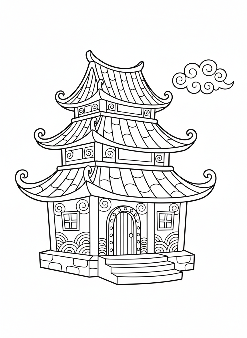 楽しいお寺の塗り絵（子供向け） - 寺院 ぬりえページ 寺院と伝統建築 - 無料印刷可能な輪郭画