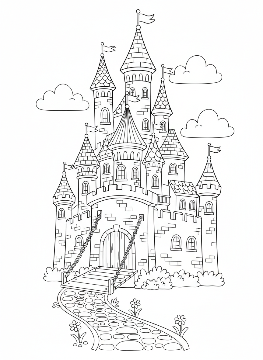 Whimsical Castle Adventure Coloring Page for Kids - Castle Coloring Page featuring Fantasy and Castle - Free Printable Outline Drawing for Kids