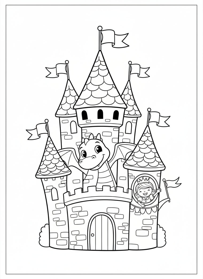 Aventura no Castelo Encantado: Princesa e Dragão para Colorir - Castelo Desenho para Colorir com Crianças e Fantasia - Desenho de Contorno Grátis Imprimível