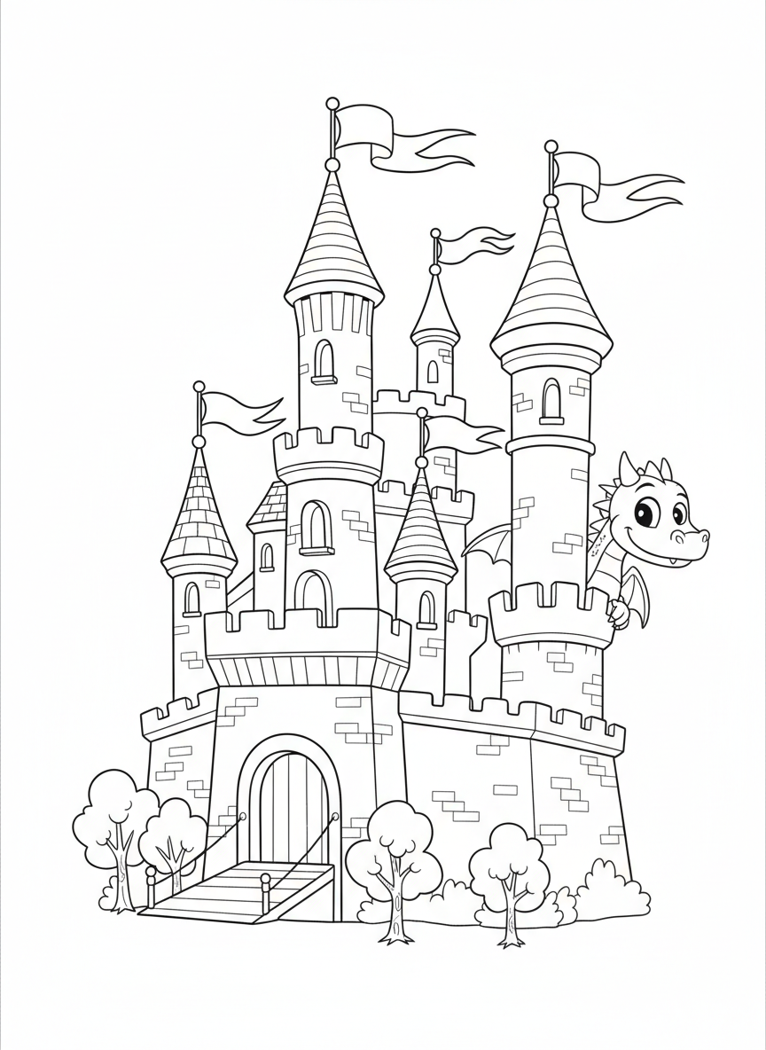 Fantasie-Schloss & Drache Malvorlage für Kinder - Drache Malvorlage mit Fantasie und Burg - Kostenlose Druckbare Umrisszeichnung
