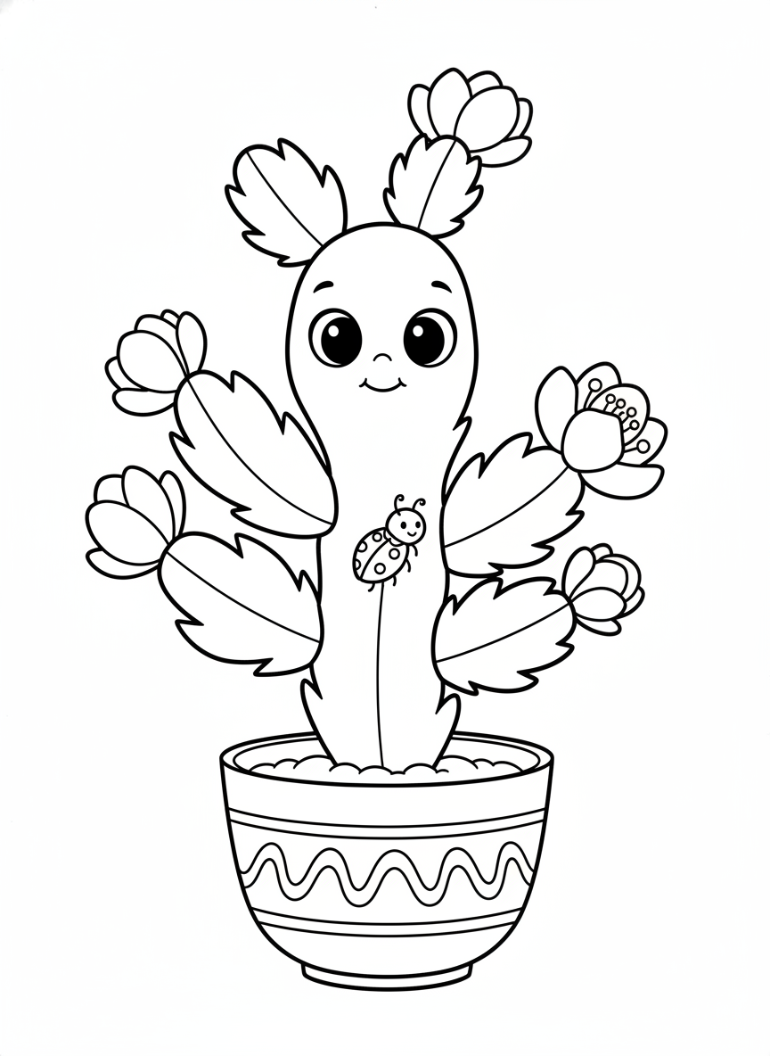Página de Colorir Cacto de Natal e Joaninha para Crianças - Natal Desenho para Colorir com Natal e Fofo - Desenho de Contorno Grátis Imprimível