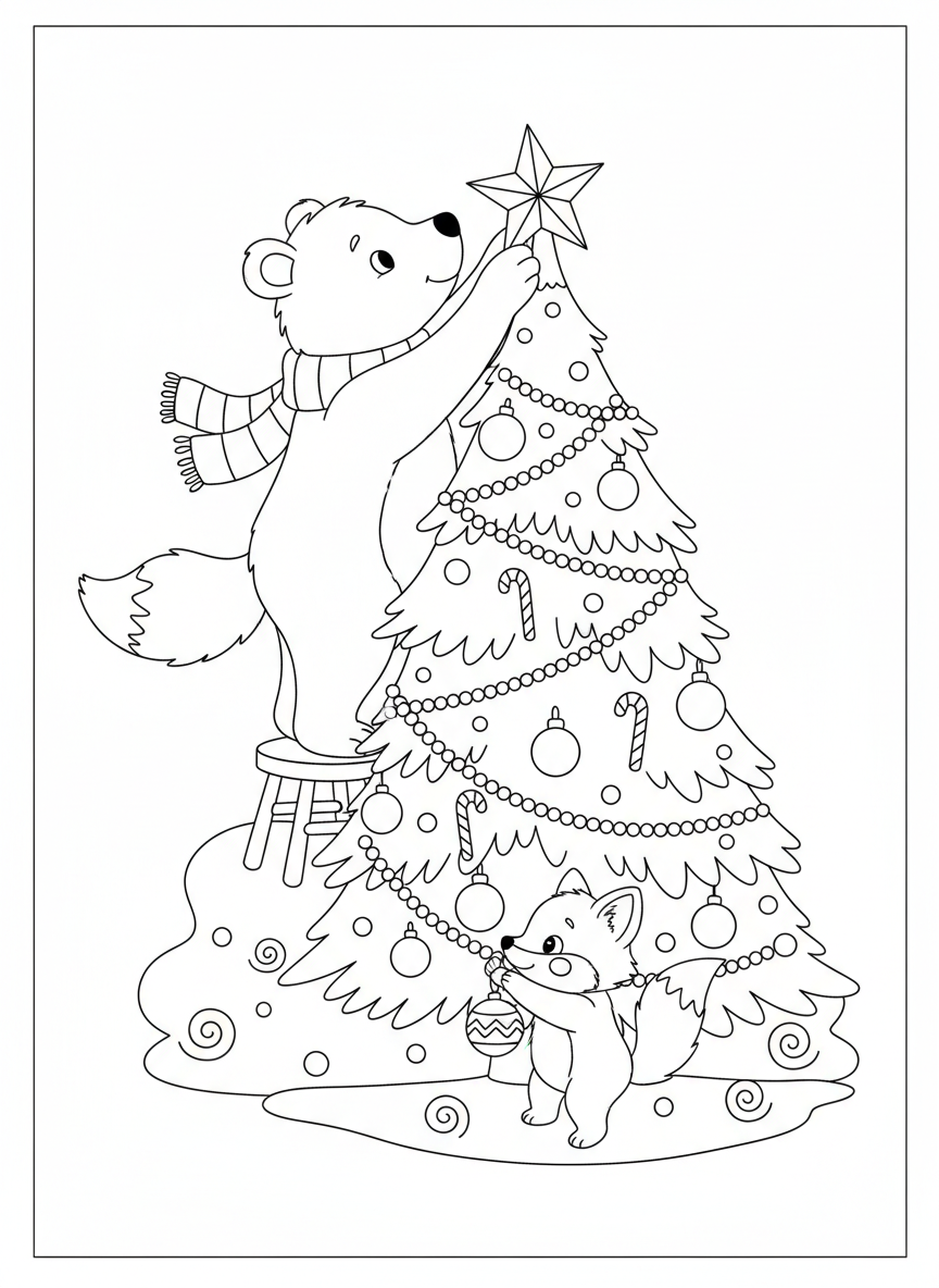 Página de colorir Árvore de Natal Encantadora com Urso e Raposa - Natal Desenho para Colorir com Árvore de Natal e Estilo Livro de Histórias - Desenho de Contorno Grátis Imprimível