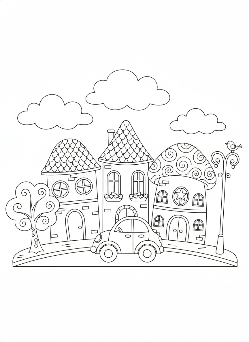 Whimsical City Street: A Cheerful Coloring Page for Kids - Car Coloring Page featuring Children and City Scene - Free Printable Outline Drawing for Kids