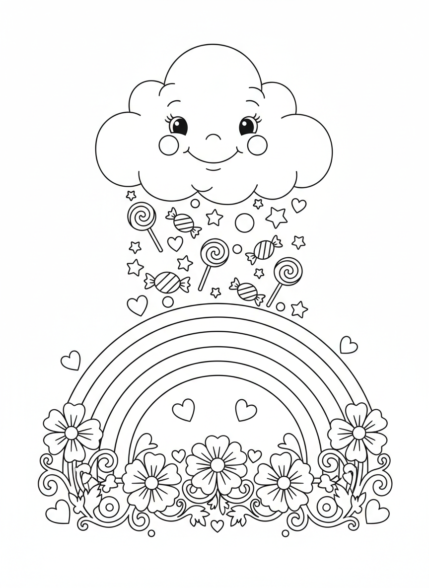 Whimsical Cloud & Rainbow Coloring Page for Kids - Rainbow Coloring Page featuring Easy to Color and Children - Free Printable Outline Drawing for Kids
