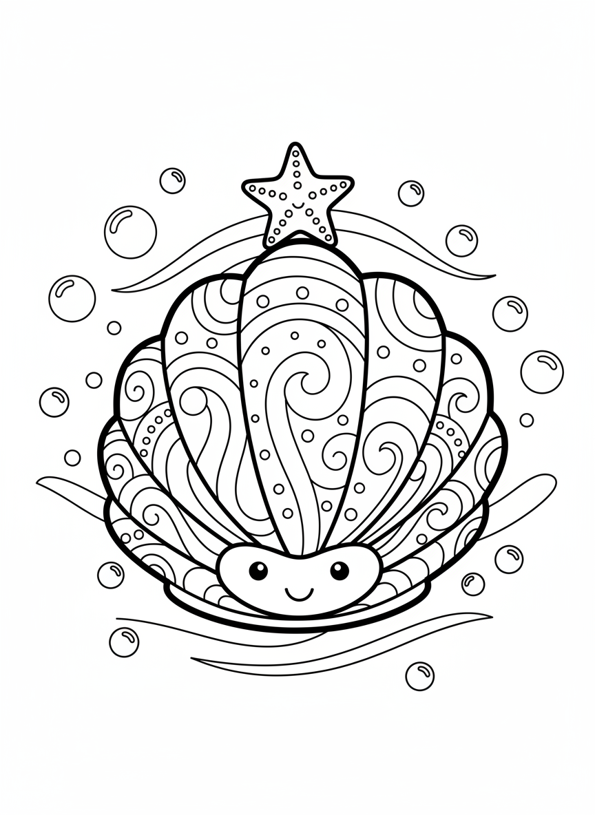 Coquillage & Étoile de Mer : Coloriage Sous-Marin Amusant - Animal Marin Coloriage avec Mignon et Coquillage - Dessin au Trait Gratuit Imprimable