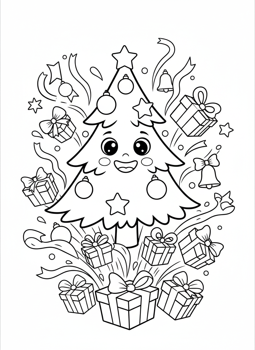 Whimsical Crazy Christmas Tree & Gifts Coloring Page for Kids - Christmas Coloring Page featuring Christmas Tree and Kids - Free Printable Outline Drawing for Kids