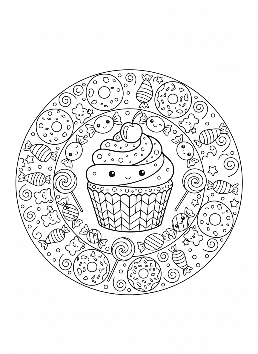 Whimsical Dessert Mandala Coloring Page for Kids - Dessert Coloring Page featuring Kid Friendly and Easy Coloring - Free Printable Outline Drawing for Kids