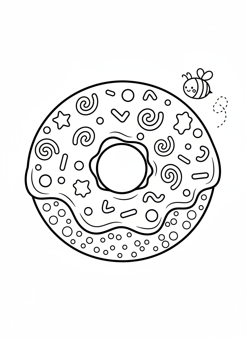 Page de Coloriage Donut et Abeille Fantaisiste pour Enfants - Donut Dessert Coloriage avec Enfants et Mignon - Dessin au Trait Gratuit Imprimable