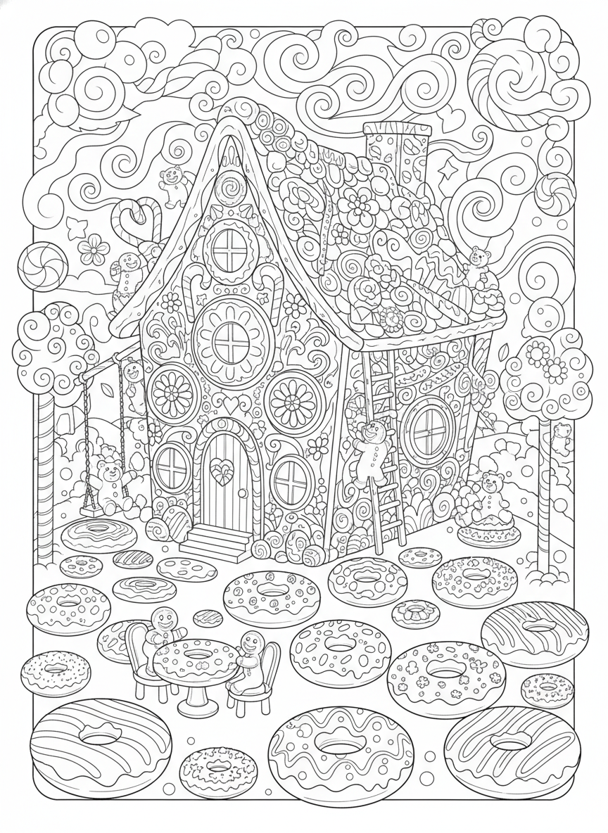 Página para Colorir de um País das Maravilhas de Donuts Caprichoso para Crianças - Donut de Sobremesa Desenho para Colorir com Crianças e Detalhado - Desenho de Contorno Grátis Imprimível