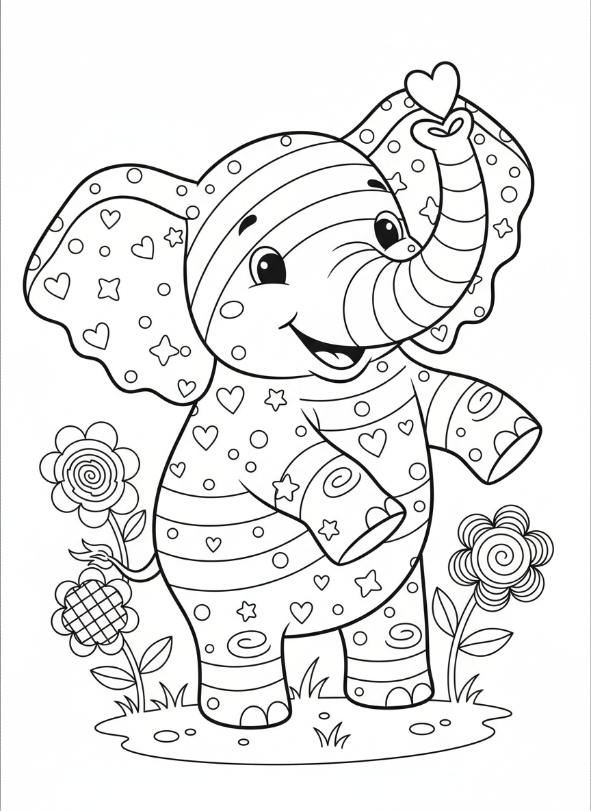 Whimsical Elephant Fun: A Patterned Adventure Coloring Page for Kids - Elephant Coloring Page featuring Easy to Color and Children - Free Printable Outline Drawing for Kids