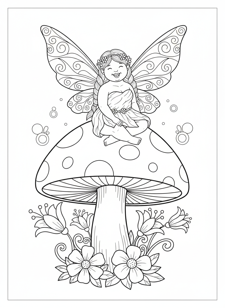 Whimsical Fairy on a Mushroom Coloring Page for Kids - Fairy Coloring Page featuring Children and Cute - Free Printable Outline Drawing for Kids