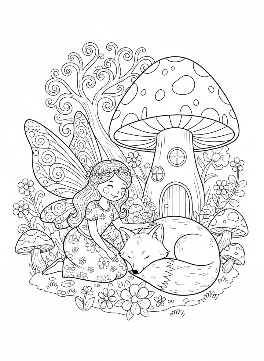 Whimsical Fairy & Sleeping Fox in an Enchanted Forest Coloring Page - Fairy Coloring Page featuring Cute and Fantasy - Free Printable Outline Drawing for Kids