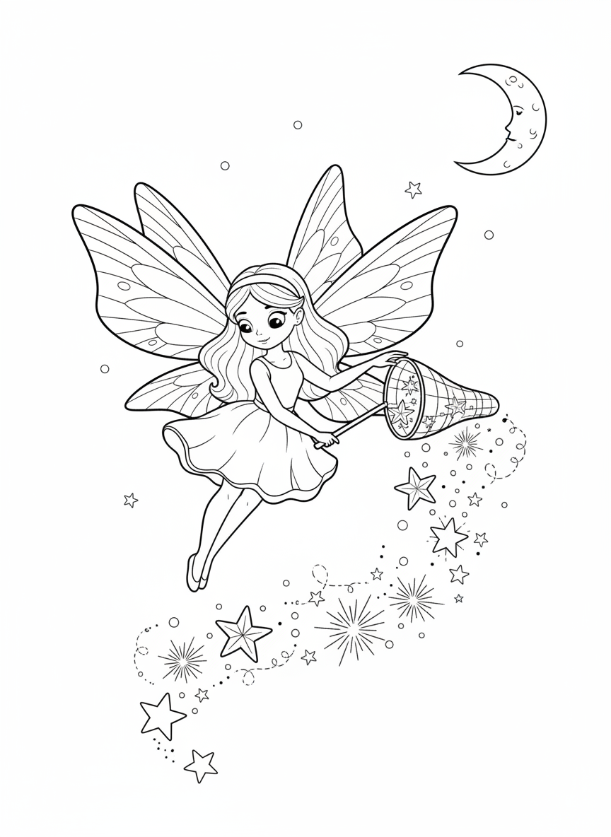 Whimsical Fairy Star Collector Kids Coloring Page - Fairy Coloring Page featuring Children and Magic - Free Printable Outline Drawing for Kids