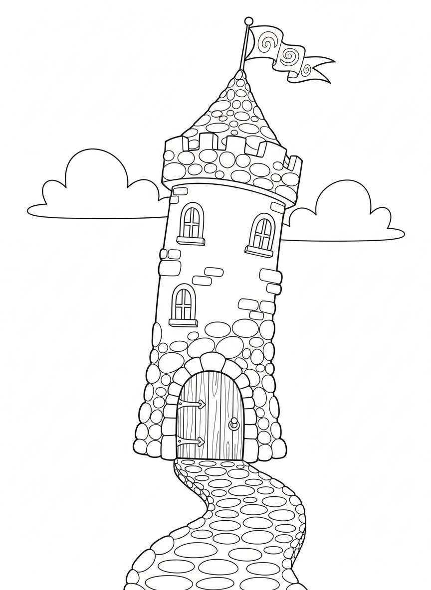 Tour Fantastique Capricieuse à Colorier pour Enfants - Château Coloriage avec Enfants et Fantaisie - Dessin au Trait Gratuit Imprimable