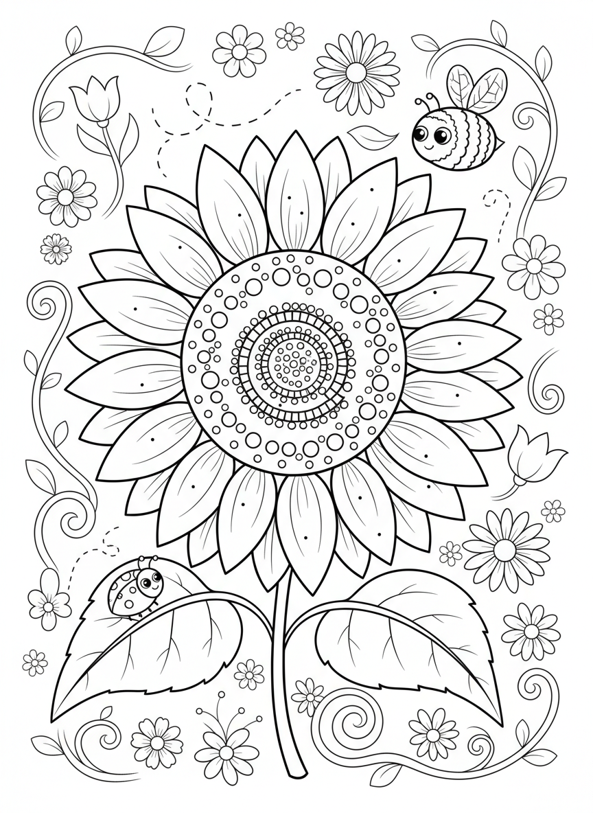 Whimsical Flower Garden Coloring: Sunflower, Bumblebee & Ladybug - Flowers Coloring Page featuring Nature and Children - Free Printable Outline Drawing for Kids