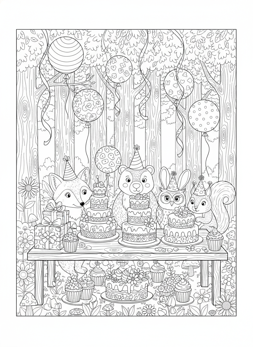 Whimsical Forest Animal Birthday Party Coloring Page for Kids - Birthday Coloring Page featuring Detailed and Cheerful - Free Printable Outline Drawing for Kids