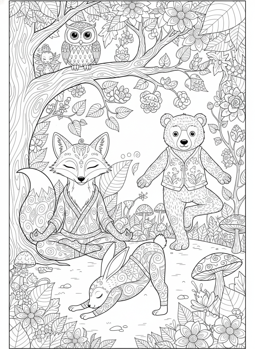 Whimsical Forest Animals Practicing Yoga - Friends Coloring Page featuring Children and Forest - Free Printable Outline Drawing for Kids