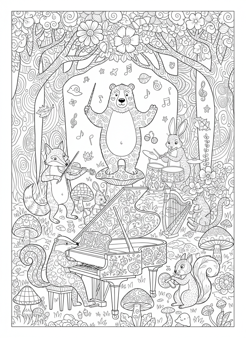 Whimsical Forest Orchestra: Detailed Animal Musicians Coloring Page - Musical Instrument Coloring Page featuring Children and Detailed - Free Printable Outline Drawing for Kids