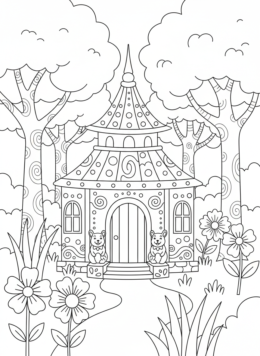 Coloriage Enchanté du Temple Forestier pour Enfants - Temple Coloriage avec Forêt et Temple - Dessin au Trait Gratuit Imprimable