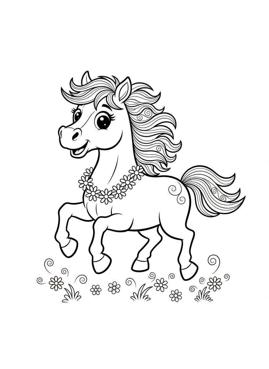 Whimsical Galloping Horse with Flower Wreath Coloring Page for Kids - Horse Coloring Page featuring Cute and Horse - Free Printable Outline Drawing for Kids