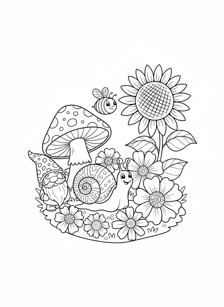 Whimsical Garden Adventure: Snail, Bee & Gnome Fun - Friends Coloring Page featuring Garden and Snail - Free Printable Outline Drawing for Kids