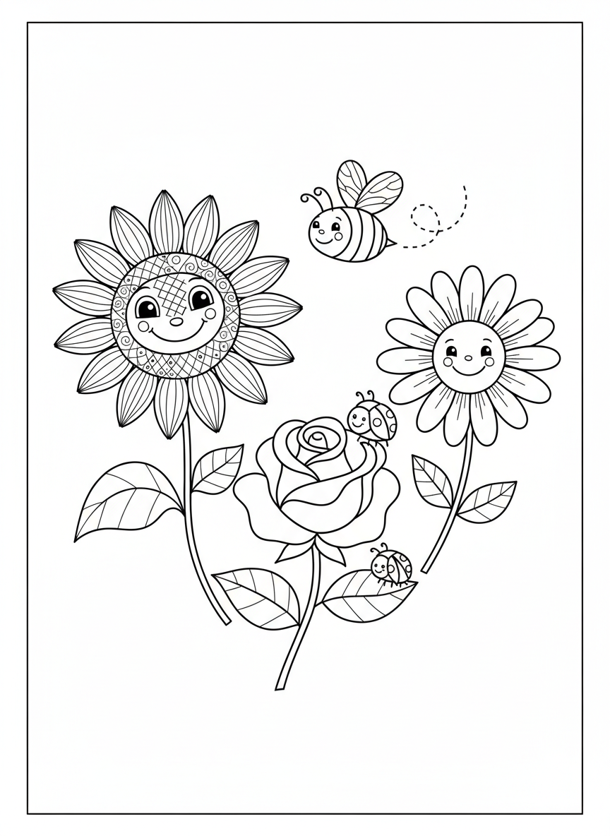 Página de Colorir: Jardim de Flores e Insetos Amigáveis - Flores Desenho para Colorir com Jardim e Abelha e Joaninha - Desenho de Contorno Grátis Imprimível