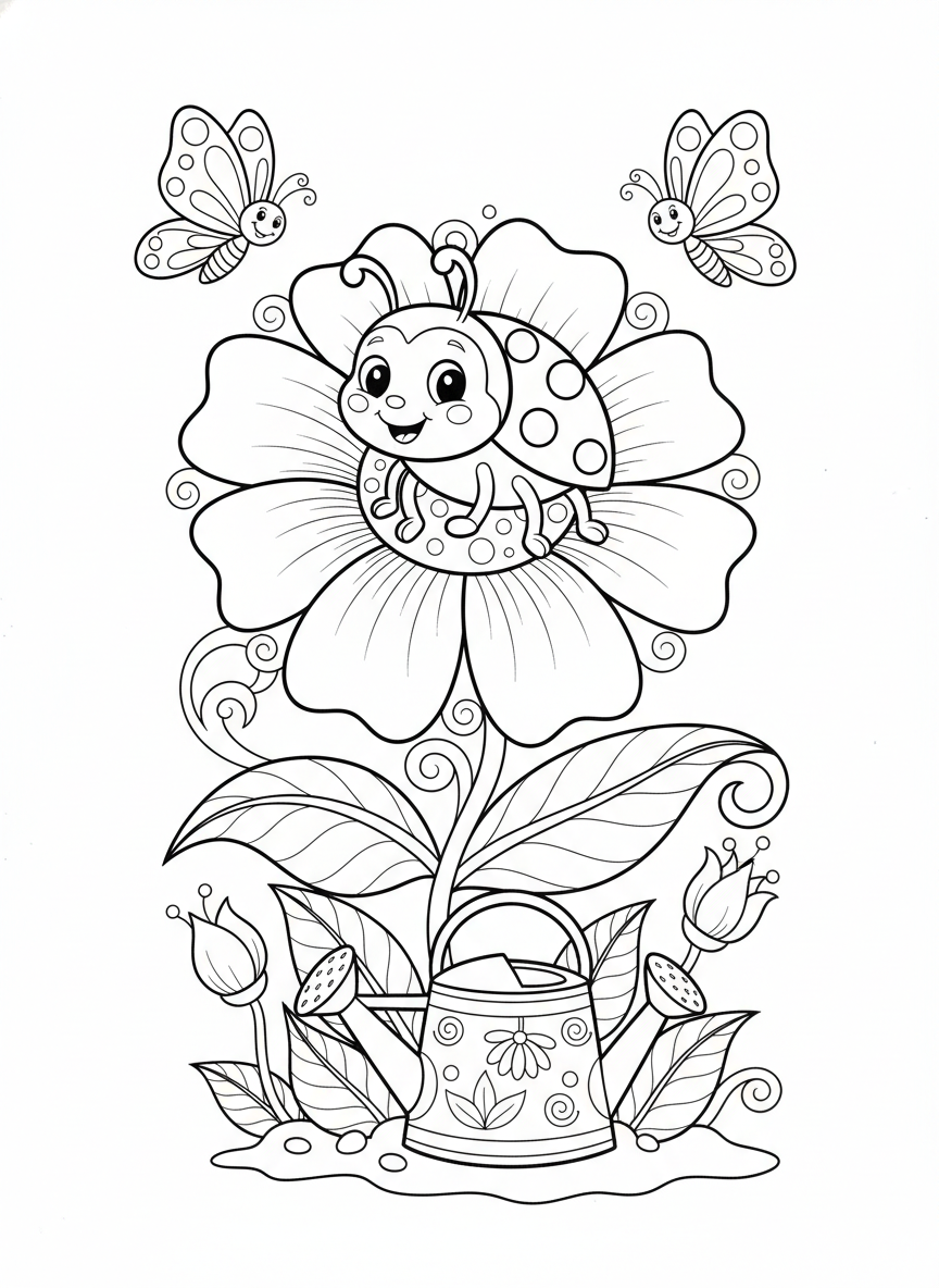 Joaninha Alegre no Jardim Mágico: Página de Colorir Infantil - Joaninha Desenho para Colorir com Fofo e Jardim - Desenho de Contorno Grátis Imprimível