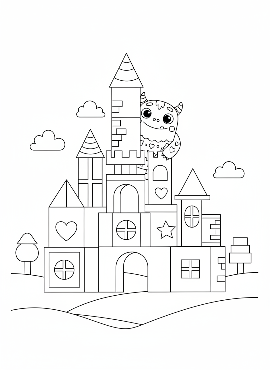 Fantasievolles Geometrie-Schloss & Süßes Monster Malvorlage - Monster Malvorlage mit Kinder und Niedlich - Kostenlose Druckbare Umrisszeichnung