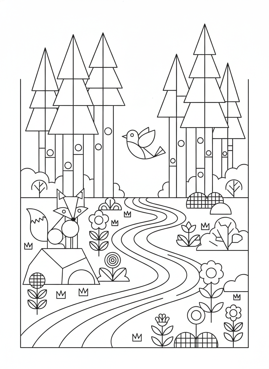 Whimsical Geometric Forest: A Playful Coloring Page for Kids - Woodland Coloring Page featuring Forest and Animals - Free Printable Outline Drawing for Kids