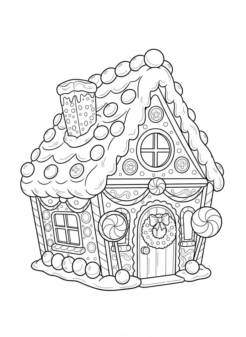 Whimsical Gingerbread House Christmas Coloring Page for Kids - Christmas Coloring Page featuring Christmas and Winter Holiday - Free Printable Outline Drawing for Kids